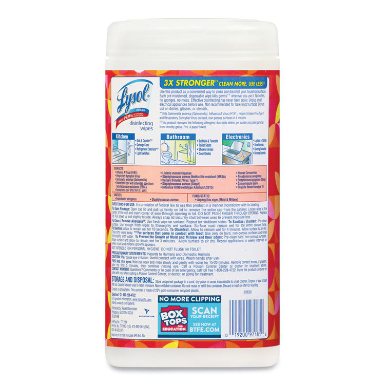 LYSOL® Brand Disinfecting Wipes, 1-Ply, 7 x 7.25, Mango and Hibiscus, White, 80 Wipes/Canister (RAC97181EA)