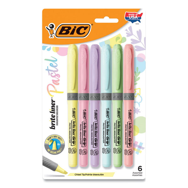 BIC® Brite Liner Grip Pocket Highlighter, Assorted Ink Colors, Chisel Tip, Assorted Barrel Colors, 6/Pack (BICGBLDP61AST)