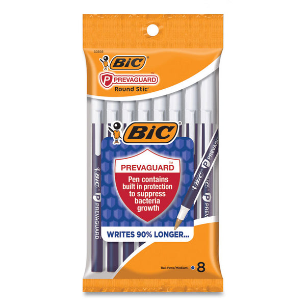 BIC® PrevaGuard Round Stic Pen, Stick, Medium 1 mm, Blue Ink, Blue Barrel, 8/Pack (BICGSAMP81BE)