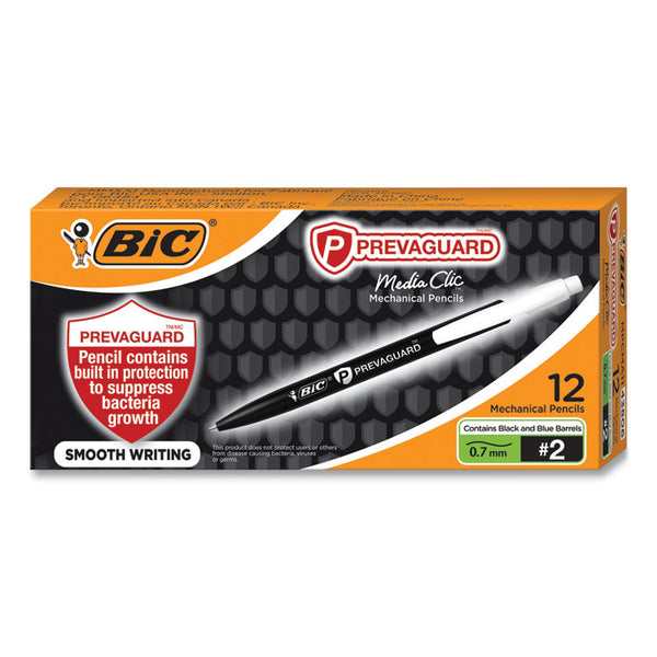 BIC® PrevaGuard Media Clic Mechanical Pencils, 0.7 mm, HB (#2), Black Lead, 6 Black Barrel/6 Blue Barrel, Dozen (BICMPCMA11)