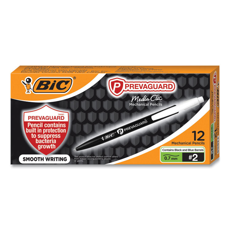 BIC® PrevaGuard Media Clic Mechanical Pencils, 0.7 mm, HB (#2), Black Lead, 6 Black Barrel/6 Blue Barrel, Dozen (BICMPCMA11) 1 Dozen