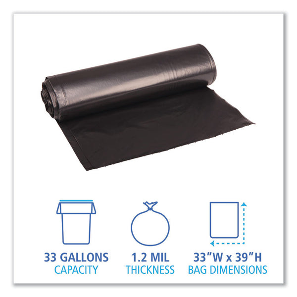Boardwalk® Recycled Low-Density Polyethylene Can Liners, 33 gal, 1.2 mil, 33" x 39", Black, 10 Bags/Roll, 10 Rolls/Carton (BWK516)
