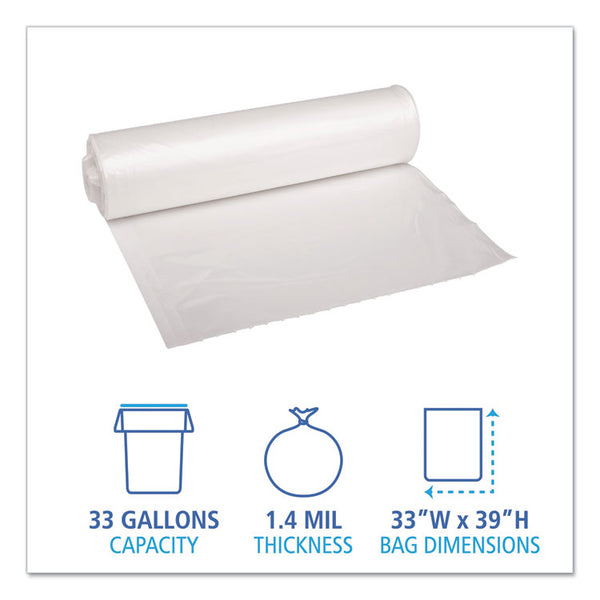 Boardwalk® Recycled Low-Density Polyethylene Can Liners, 33 gal, 1.4 mil, 33" x 39", Clear, 10 Bags/Roll, 10 Rolls/Carton (BWK534) Case of 100