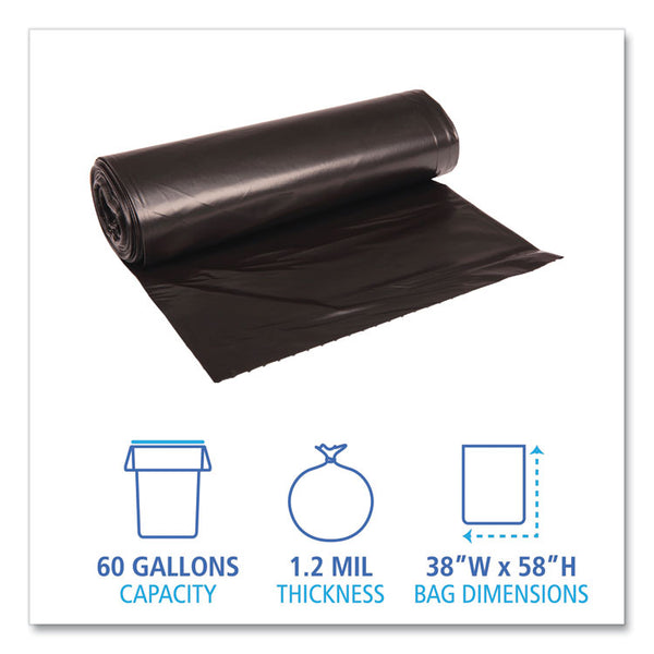 Boardwalk® Recycled Low-Density Polyethylene Can Liners, 60 gal, 1.2 mil, 38" x 58", Black, 10 Bags/Roll, 10 Rolls/Carton (BWK519)