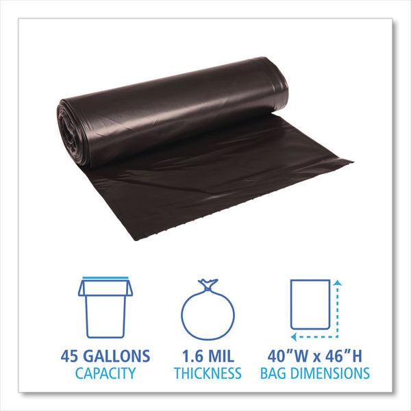 Boardwalk® Recycled Low-Density Polyethylene Can Liners, 45 gal, 1.6 mil, 40" x 46", Black, 10 Bags/Roll, 10 Rolls/Carton (BWK521)