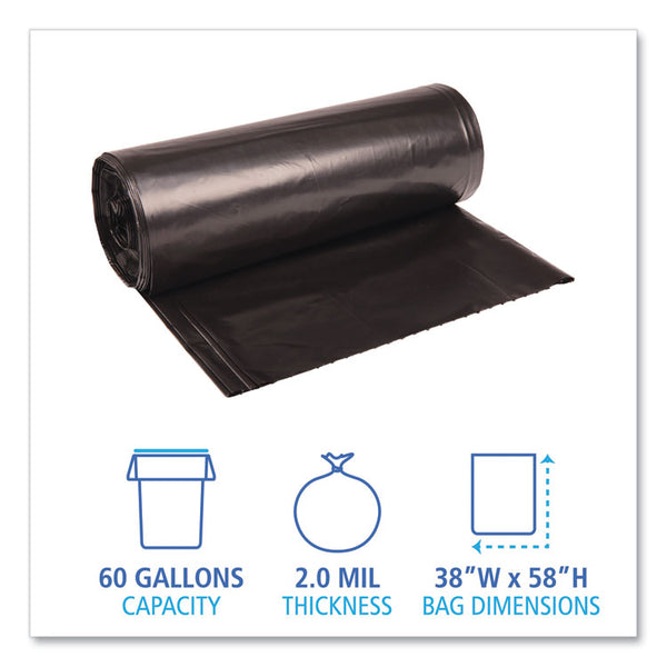 Boardwalk® Recycled Low-Density Polyethylene Can Liners, 60 gal, 2 mil, 38" x 58", Black, 10 Bags/Roll, 10 Rolls/Carton (BWK526)