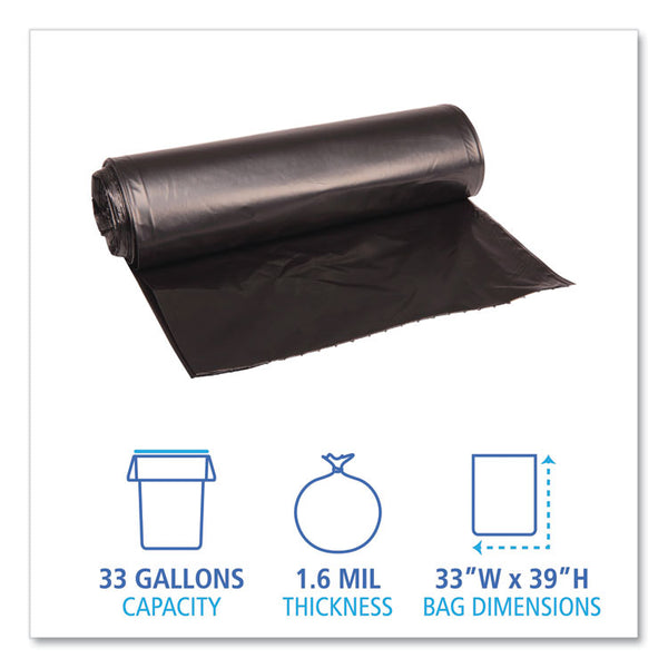 Boardwalk® Recycled Low-Density Polyethylene Can Liners, 33 gal, 1.6 mil, 33" x 39", Black, 10 Bags/Roll, 10 Rolls/Carton (BWK520)