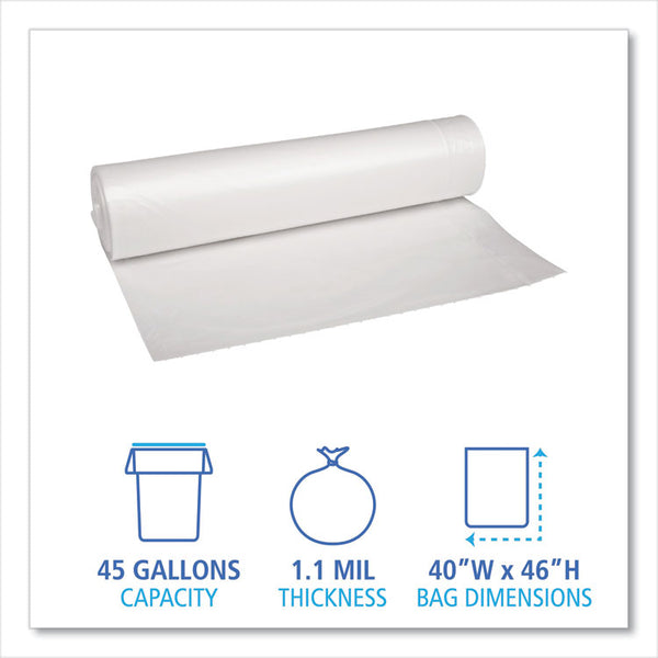 Boardwalk® Recycled Low-Density Polyethylene Can Liners, 45 gal, 1.1 mil, 40" x 46", Clear, 10 Bags/Roll, 10 Rolls/Carton (BWK531) Case of 100