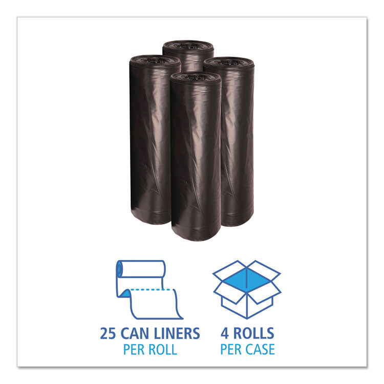 Boardwalk® Recycled Low-Density Polyethylene Can Liners, 56 gal, 1.6 mil, 43" x 47", Black, 10 Bags/Roll, 10 Rolls/Carton (BWK522)