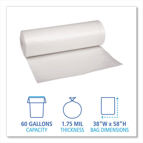 Boardwalk® Recycled Low-Density Polyethylene Can Liners, 60 gal, 1.75 mil, 38" x 58", Clear, 10 Bags/Roll, 10 Rolls/Carton (BWK538)