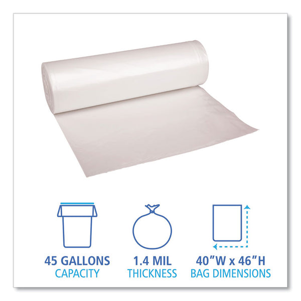 Boardwalk® Recycled Low-Density Polyethylene Can Liners, 45 gal, 1.4 mil, 40" x 46", Clear, 10 Bags/Roll, 10 Rolls/Carton (BWK535) Case of 100