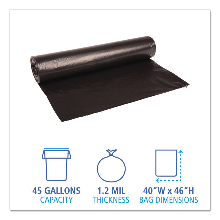 Boardwalk® Recycled Low-Density Polyethylene Can Liners, 45 gal, 1.2 mil, 40" x 46", Black, 10 Bags/Roll, 10 Rolls/Carton (BWK517)