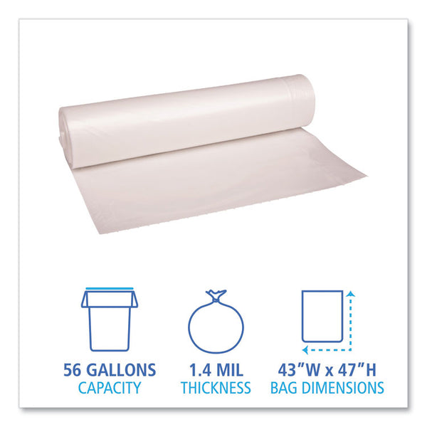 Boardwalk® Recycled Low-Density Polyethylene Can Liners, 56 gal, 1.4 mil, 43" x 47", Clear, 10 Bags/Roll, 10 Rolls/Carton (BWK536)