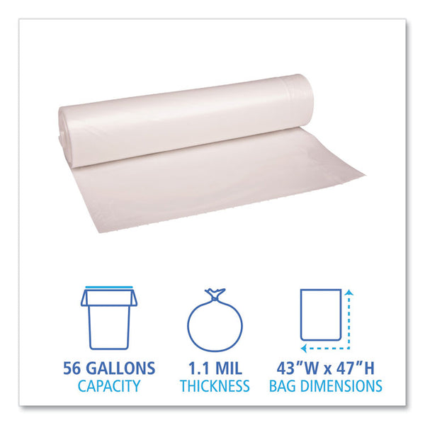 Boardwalk® Recycled Low-Density Polyethylene Can Liners, 56 gal, 1.1 mil, 43" x 47", Clear, 10 Bags/Roll, 10 Rolls/Carton (BWK532) Case of 100