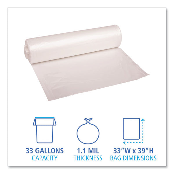 Boardwalk® Recycled Low-Density Polyethylene Can Liners, 33 gal, 1.1 mil, 33" x 39", Clear, 10 Bags/Roll, 10 Rolls/Carton (BWK530) Case of 100