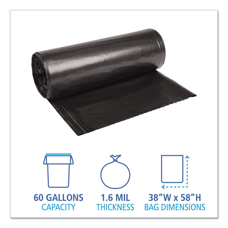 Boardwalk® Recycled Low-Density Polyethylene Can Liners, 60 gal, 1.6 mil, 38" x 58", Black, 10 Bags/Roll, 10 Rolls/Carton (BWK523)