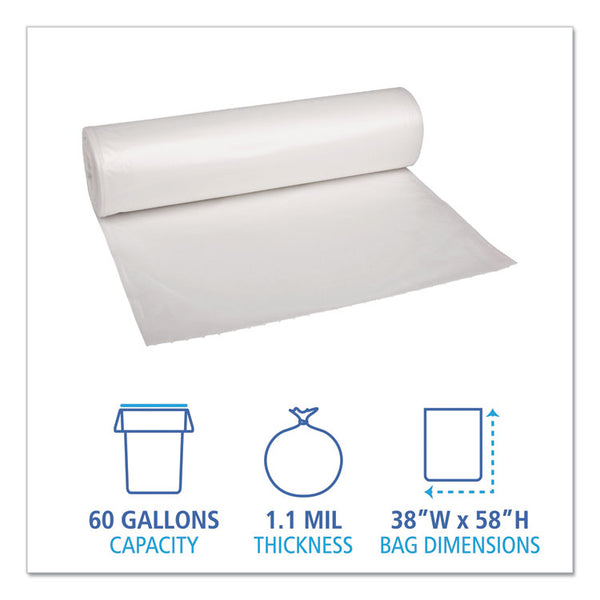 Boardwalk® Recycled Low-Density Polyethylene Can Liners, 60 gal, 1.1 mil, 38" x 58", Clear, 10 Bags/Roll, 10 Rolls/Carton (BWK533) Case of 100