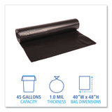 Boardwalk® Recycled Low-Density Polyethylene Can Liners, 45 gal, 1 mil, 40" x 48", Black, 10 Bags/Roll, 10 Rolls/Carton (BWK527)