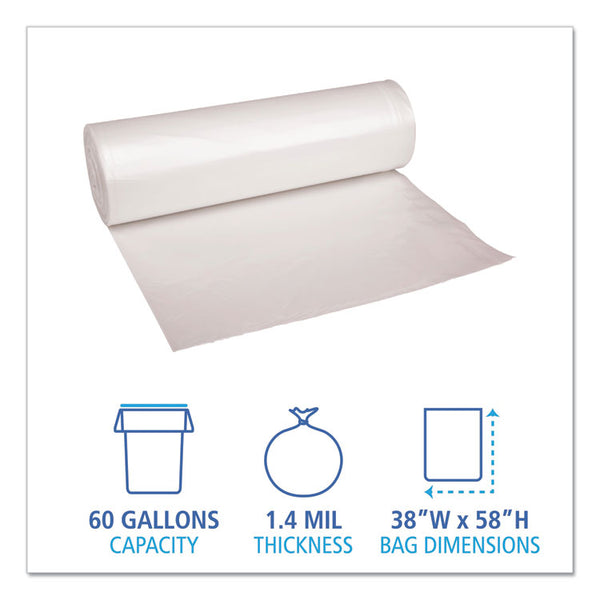 Boardwalk® Recycled Low-Density Polyethylene Can Liners, 60 gal, 1.4 mil, 38" x 58", Clear, 10 Bags/Roll, 10 Rolls/Carton (BWK537)