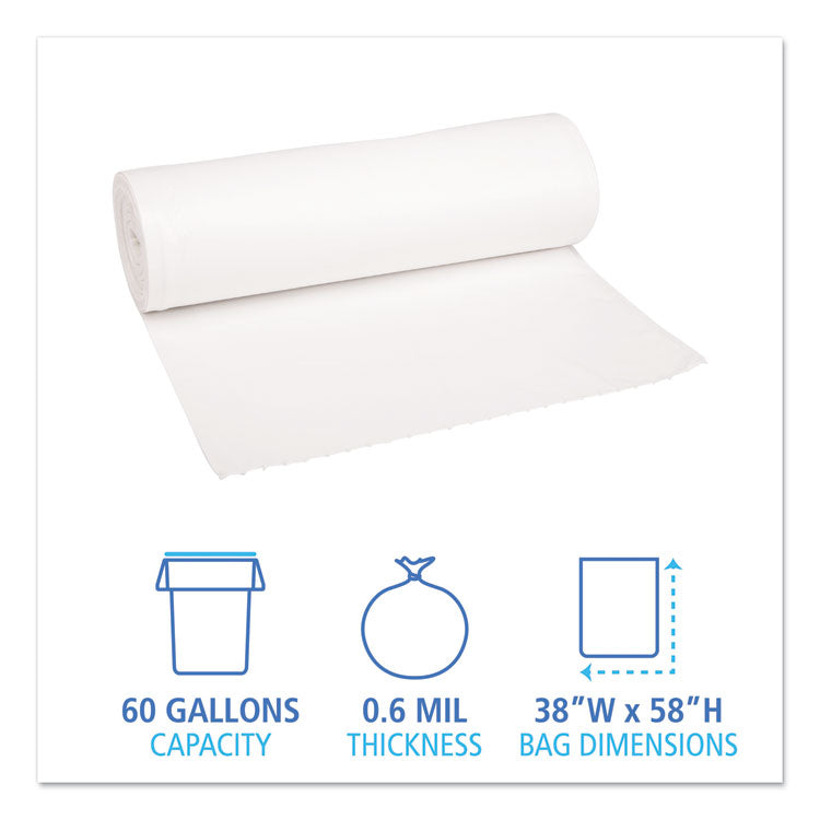 Boardwalk® Low-Density Waste Can Liners, 60 gal, 0.6 mil, 38" x 58", White, 25 Bags/Roll, 4 Rolls/Carton (BWK3858EXH)