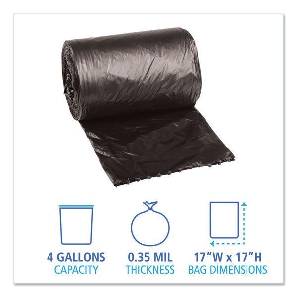 Boardwalk® Low-Density Waste Can Liners, 4 gal, 0.35 mil, 17" x 17", Black, 50 Bags/Roll, 20 Rolls/Carton (BWK1717L)