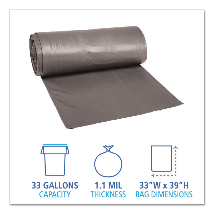 Boardwalk® Low-Density Waste Can Liners, 33 gal, 1.1 mil, 33" x 39", Gray, 25 Bags/Roll, 4 Rolls/Carton (BWK3339SEH)