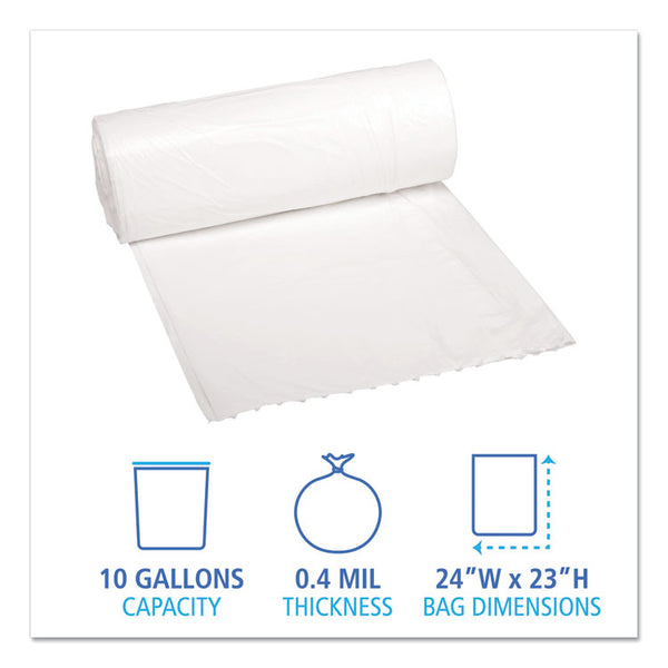 Boardwalk® Low-Density Waste Can Liners, 10 gal, 0.4 mil, 24" x 23", White, 25 Bags/Roll, 20 Rolls/Carton (BWK2423EXH) Case of 500