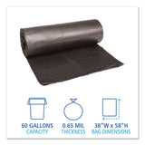 Boardwalk® Low-Density Waste Can Liners, 60 gal, 0.65 mil, 38" x 58", Black, 25 Bags/Roll, 4 Rolls/Carton (BWK3858H)