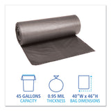 Boardwalk® Low-Density Waste Can Liners, 45 gal, 0.95 mil, 40" x 46", Gray, 25 Bags/Roll, 4 Rolls/Carton (BWK4046SH)