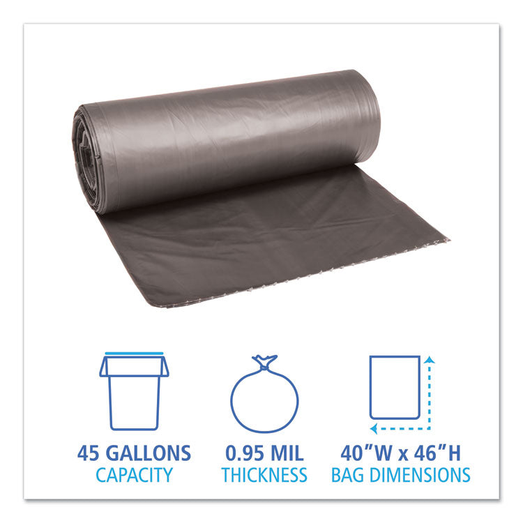 Boardwalk® Low-Density Waste Can Liners, 45 gal, 0.95 mil, 40" x 46", Gray, 25 Bags/Roll, 4 Rolls/Carton (BWK4046SH)