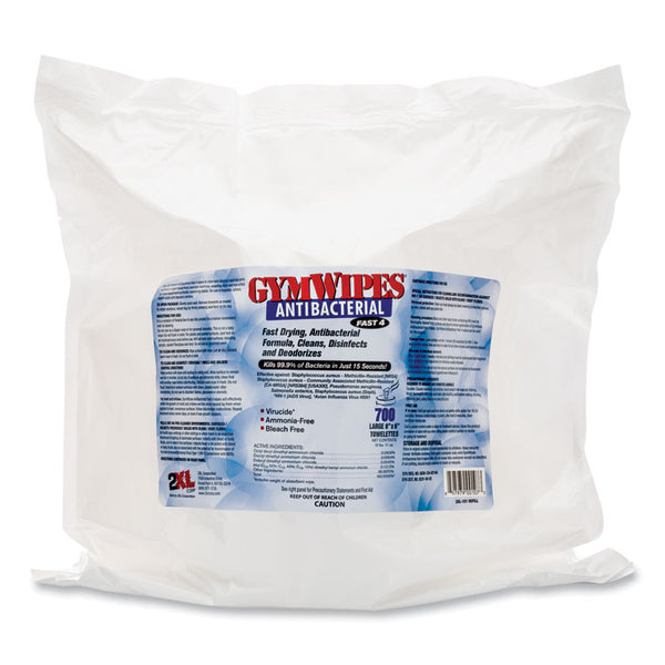 2XL Antibacterial Gym Wipes Refill, 1-Ply, 6 x 8, Unscented, White, 700 Wipes/Pack, 4 Packs/Carton (TXLL101)