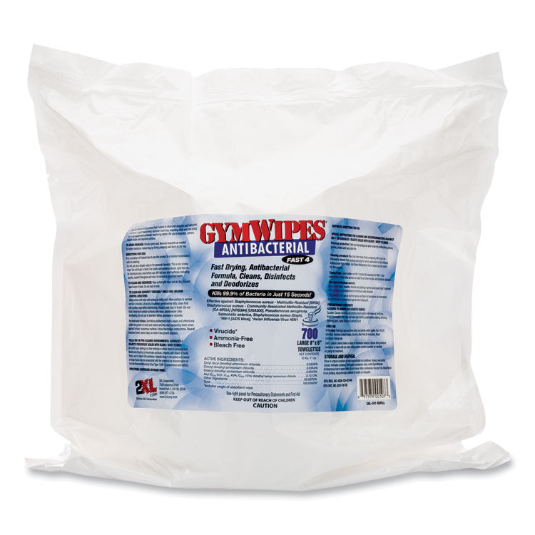 2XL Antibacterial Gym Wipes Refill, 1-Ply, 6 x 8, Unscented, White, 700 Wipes/Pack, 4 Packs/Carton (TXLL101) 4 buckets per case