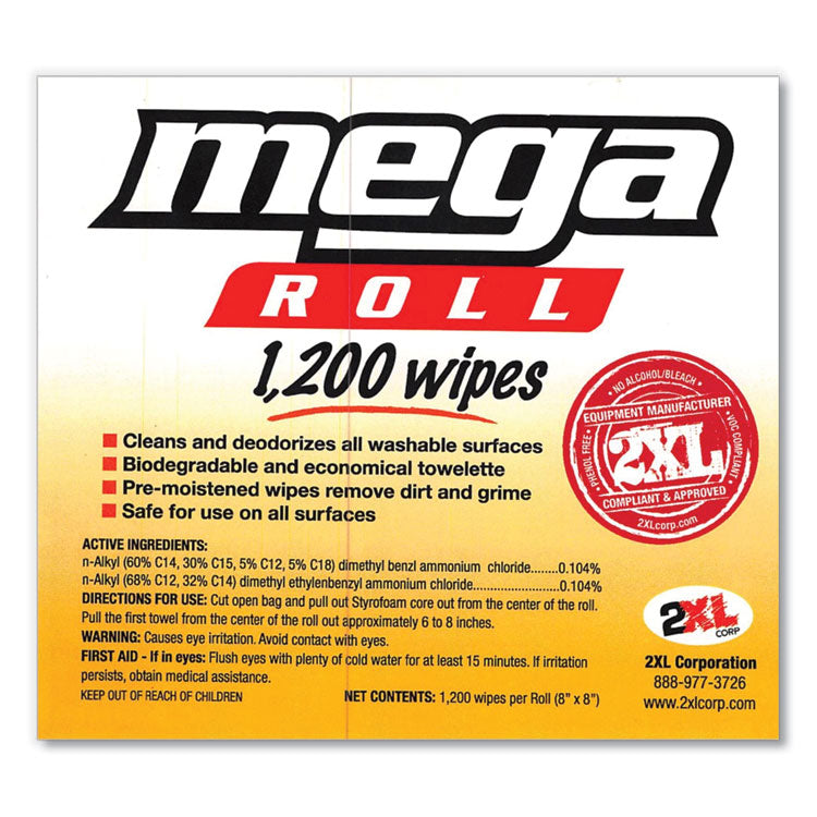2XL Gym Wipes Mega Roll Refill, 8 x 8, Unscented, White, 1,200/Roll, 2 Rolls/Carton (TXLL420)