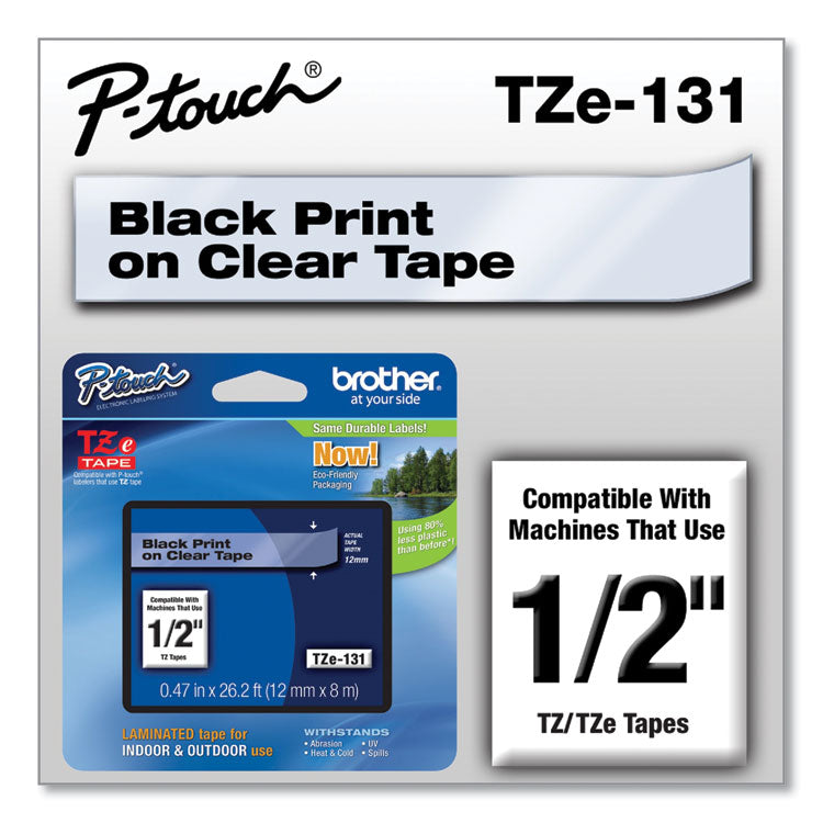 Brother P-Touch® TZe Standard Adhesive Laminated Labeling Tape, 0.47" x 26.2 ft, Black on Clear (BRTTZE131)