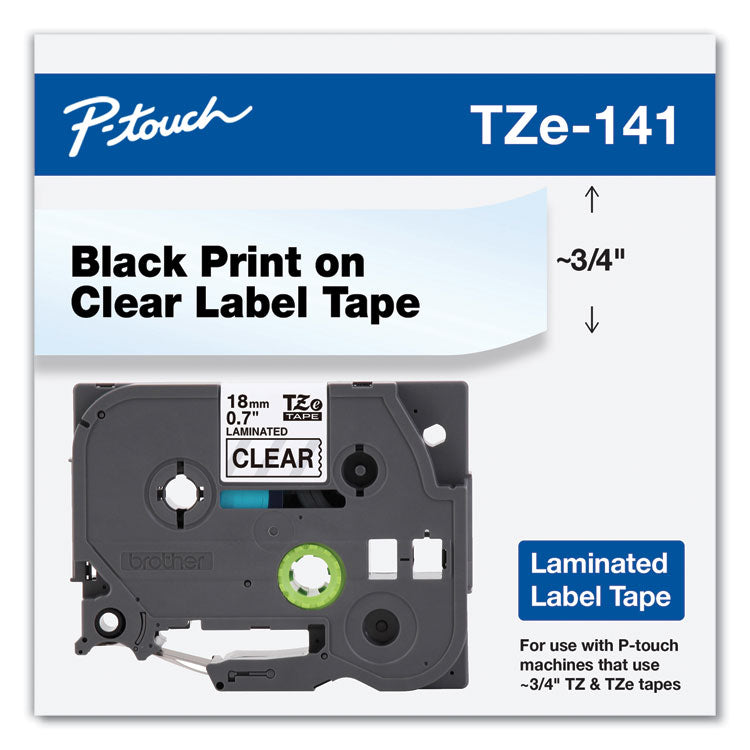 Brother P-Touch® TZe Standard Adhesive Laminated Labeling Tape, 0.7" x 26.2 ft, Black on Clear (BRTTZE141)