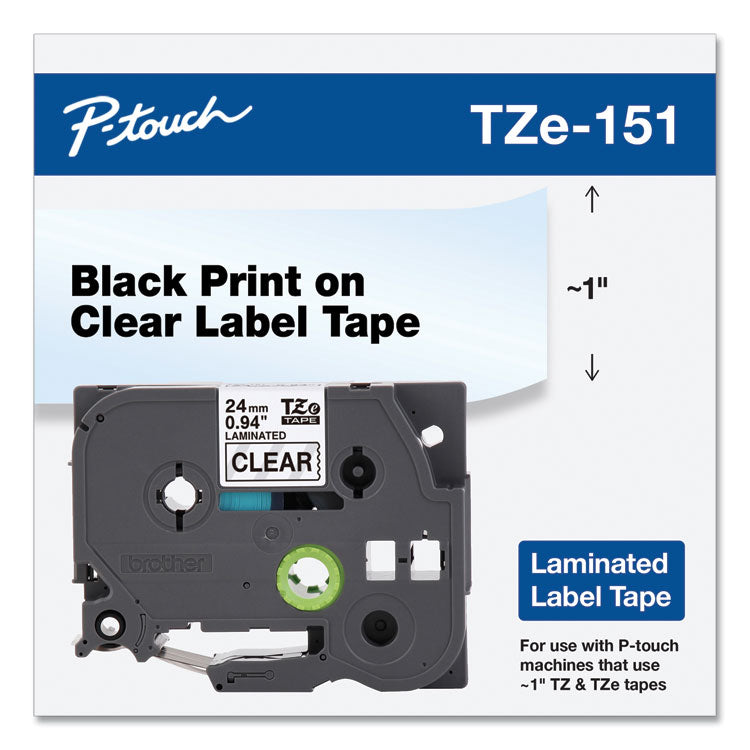 Brother P-Touch® TZe Standard Adhesive Laminated Labeling Tape, 0.94" x 26.2 ft, Black on Clear (BRTTZE151)