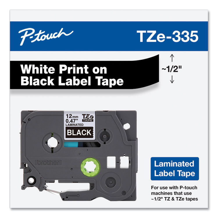 Brother P-Touch® TZe Standard Adhesive Laminated Labeling Tape, 0.47" x 26.2 ft, White on Black (BRTTZE335)