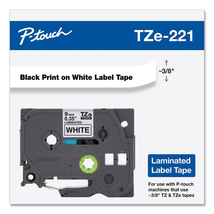 Brother P-Touch® TZe Standard Adhesive Laminated Labeling Tape, 0.35" x 26.2 ft, Black on White (BRTTZE221) Each