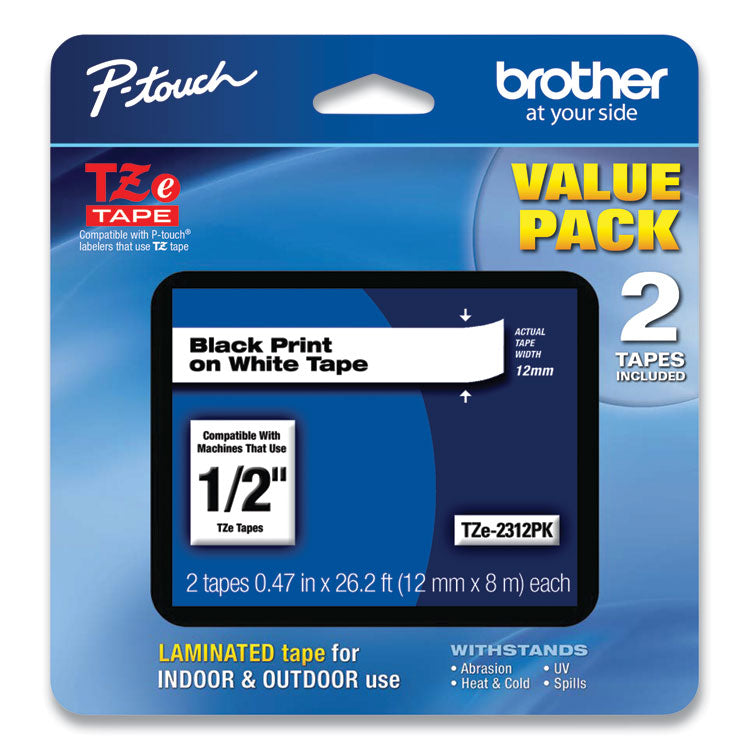 Brother P-Touch® TZe Standard Adhesive Laminated Labeling Tapes, 0.47" x 26.2 ft, Black on White, 2/Pack (BRTTZE2312PK)