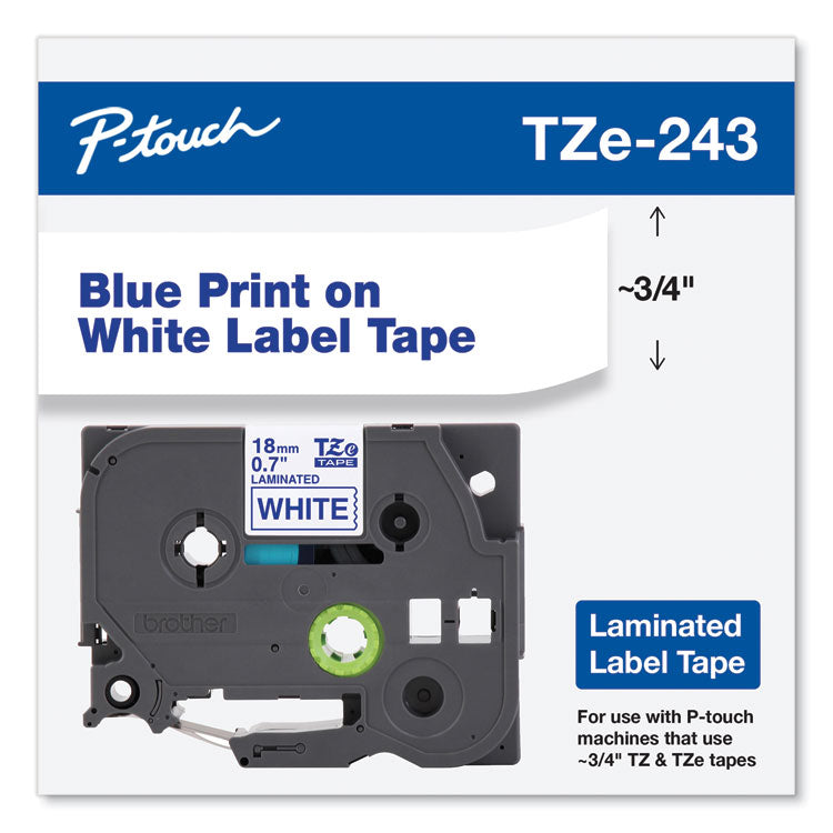 Brother P-Touch® TZe Standard Adhesive Laminated Labeling Tape, 0.7" x 26.2 ft, Blue on White (BRTTZE243)