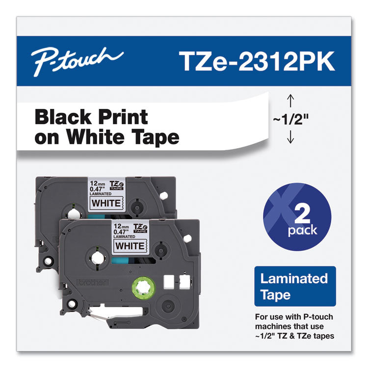 Brother P-Touch® TZe Standard Adhesive Laminated Labeling Tapes, 0.47" x 26.2 ft, Black on White, 2/Pack (BRTTZE2312PK)