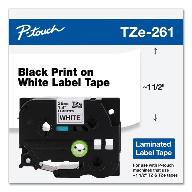 Brother P-Touch® TZe Standard Adhesive Laminated Labeling Tape, 1.4" x 26.2 ft, Black on White (BRTTZE261)