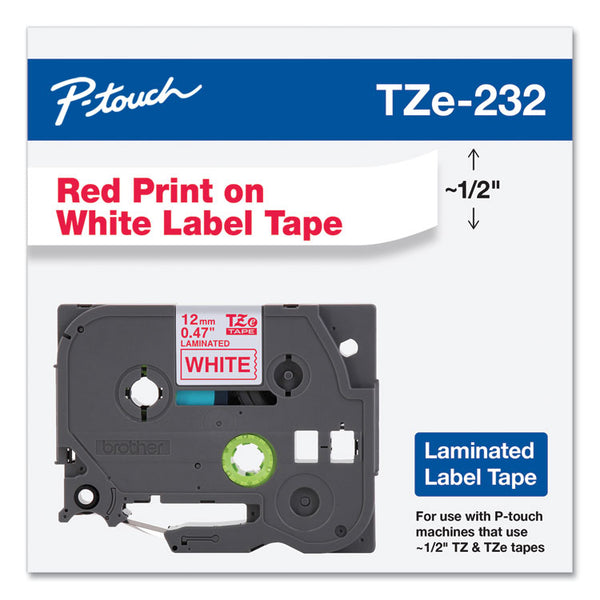 Brother P-Touch® TZe Standard Adhesive Laminated Labeling Tape, 0.47" x 26.2 ft, Red on White (BRTTZE232)