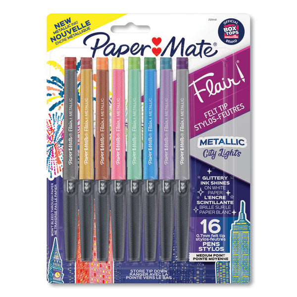 Paper Mate® Flair Metallic Porous Point Pen, Stick, Medium 0.7 mm, Assorted Ink and Barrel Colors, 16/Pack (PAP2129448)