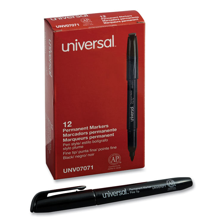 Universal™ Pen-Style Permanent Marker, Fine Bullet Tip, Black, Dozen (UNV07071) Case of 12