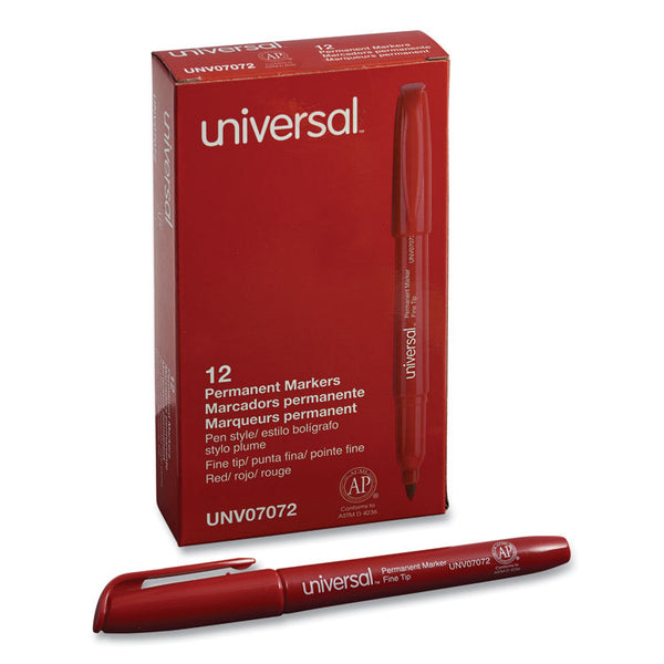 Universal™ Pen-Style Permanent Marker, Fine Bullet Tip, Red, Dozen (UNV07072)