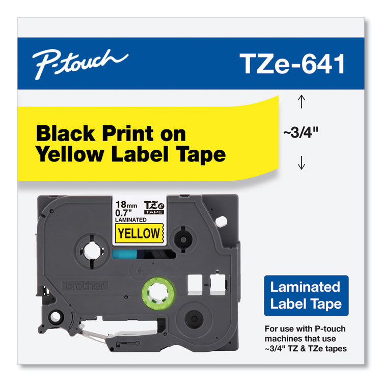 Brother P-Touch® TZe Standard Adhesive Laminated Labeling Tape, 0.7" x 26.2 ft, Black on Yellow (BRTTZE641)