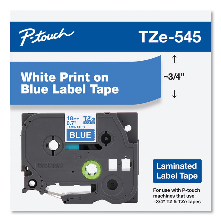 Brother P-Touch® TZe Standard Adhesive Laminated Labeling Tape, 0.7" x 26.2 ft, White on Blue (BRTTZE545)