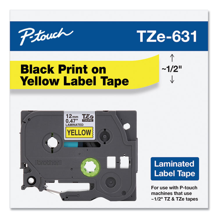 Brother P-Touch® TZe Standard Adhesive Laminated Labeling Tape, 0.47" x 26.2 ft, Black on Yellow (BRTTZE631)