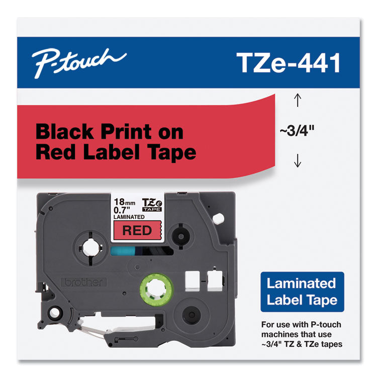 Brother P-Touch® TZe Standard Adhesive Laminated Labeling Tape, 0.7" x 26.2 ft, Black on Red (BRTTZE441)